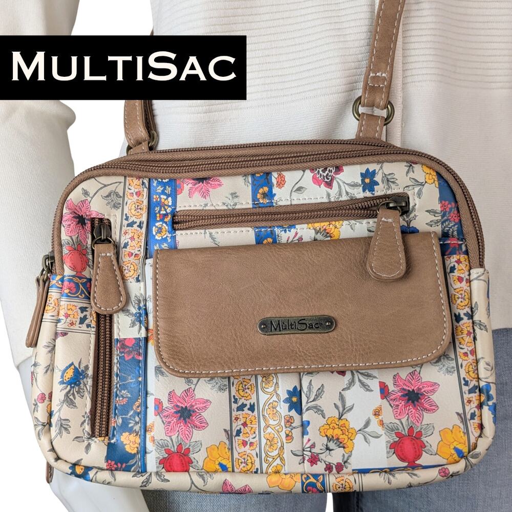 MultiSac Crossbody Bag Tan Floral Patchwork Faux Leather Organizer Small